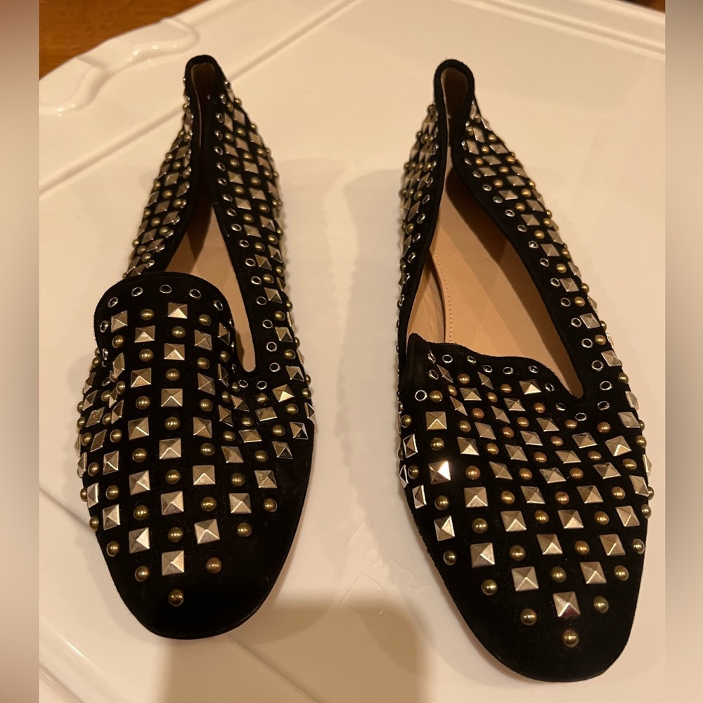 Jcrew black suede studded flats. Previously worn. Size 8.5